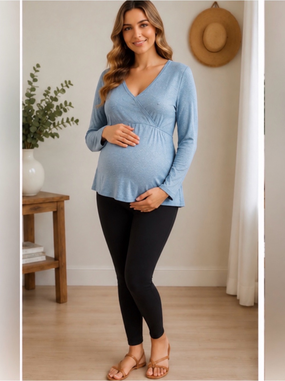 New Additions Blue Shimmer Maternity Top Medium Stretchy V Neck